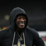 Oct 26, 2025; New Orleans, Louisiana, USA; New Orleans Saints running back Alvin Kamara (41) warms up before a game against the Tampa Bay Buccaneers at Caesars Superdome. Mandatory Credit: Matthew Hinton-Imagn Images