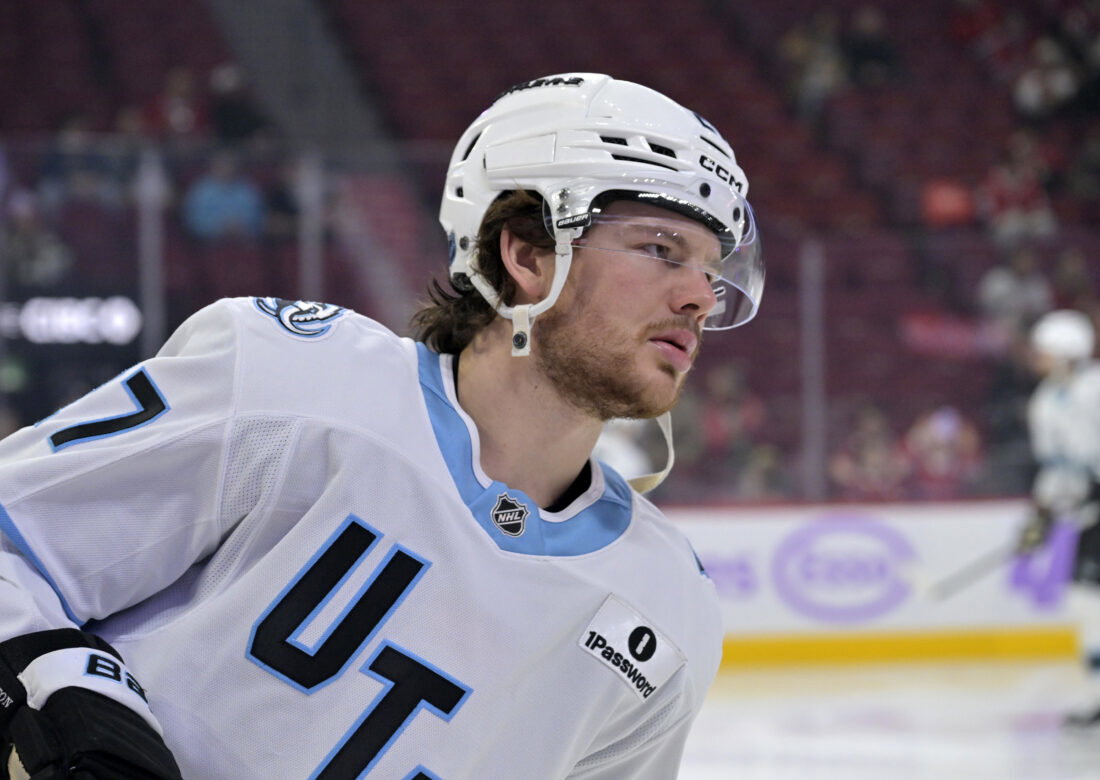 Nov 8, 2025; Montreal, Quebec, CAN; Utah Mammoth forward Barrett Hayton (27) skates during the warmup period before the game against the Montreal Canadiens at the Bell Centre. Mandatory Credit: Eric Bolte-Imagn Images