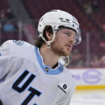 Nov 8, 2025; Montreal, Quebec, CAN; Utah Mammoth forward Barrett Hayton (27) skates during the warmup period before the game against the Montreal Canadiens at the Bell Centre. Mandatory Credit: Eric Bolte-Imagn Images