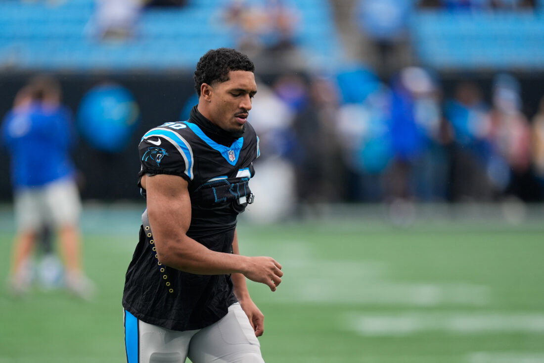 Nov 30, 2025; Charlotte, North Carolina, USA; Carolina Panthers running back Chuba Hubbard (30) looks on before the game against the Los Angeles Rams at Bank of America Stadium. Mandatory Credit: Jim Dedmon-Imagn Images