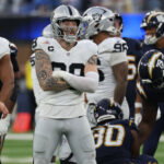 Nov 30, 2025; Inglewood, California, USA; Las Vegas Raiders defensive end Maxx Crosby (98) reacts during the second half at SoFi Stadium. Mandatory Credit: Kiyoshi Mio-Imagn Images