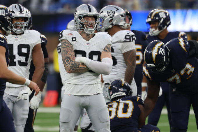 Nov 30, 2025; Inglewood, California, USA; Las Vegas Raiders defensive end Maxx Crosby (98) reacts during the second half at SoFi Stadium. Mandatory Credit: Kiyoshi Mio-Imagn Images