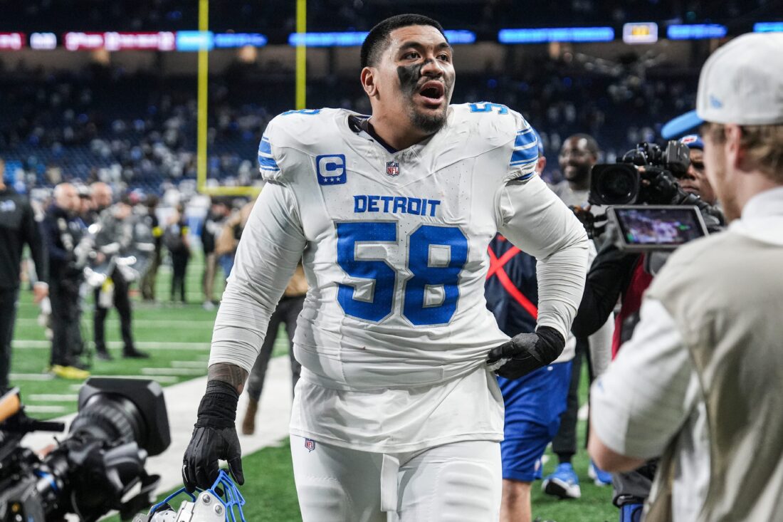Detroit Lions offensive tackle Penei Sewell (58) walks off the field after 44-30 win over Dallas Cowboys at Ford Field in Detroit on Thursday, Dec. 4, 2025. Credit: Junfu Han / USA TODAY NETWORK via Imagn Images