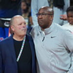 Dec 16, 2025; Las Vegas, Nevada, USA; New York Knicks president Leon Rose (left) and coach Mike Brown embrace after the Emirates NBA Cup Final against the San Antonio Spurs at T-Mobile Arena. Mandatory Credit: Kirby Lee-Imagn Images
