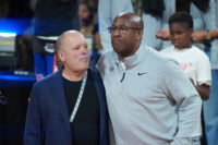 Dec 16, 2025; Las Vegas, Nevada, USA; New York Knicks president Leon Rose (left) and coach Mike Brown embrace after the Emirates NBA Cup Final against the San Antonio Spurs at T-Mobile Arena. Mandatory Credit: Kirby Lee-Imagn Images