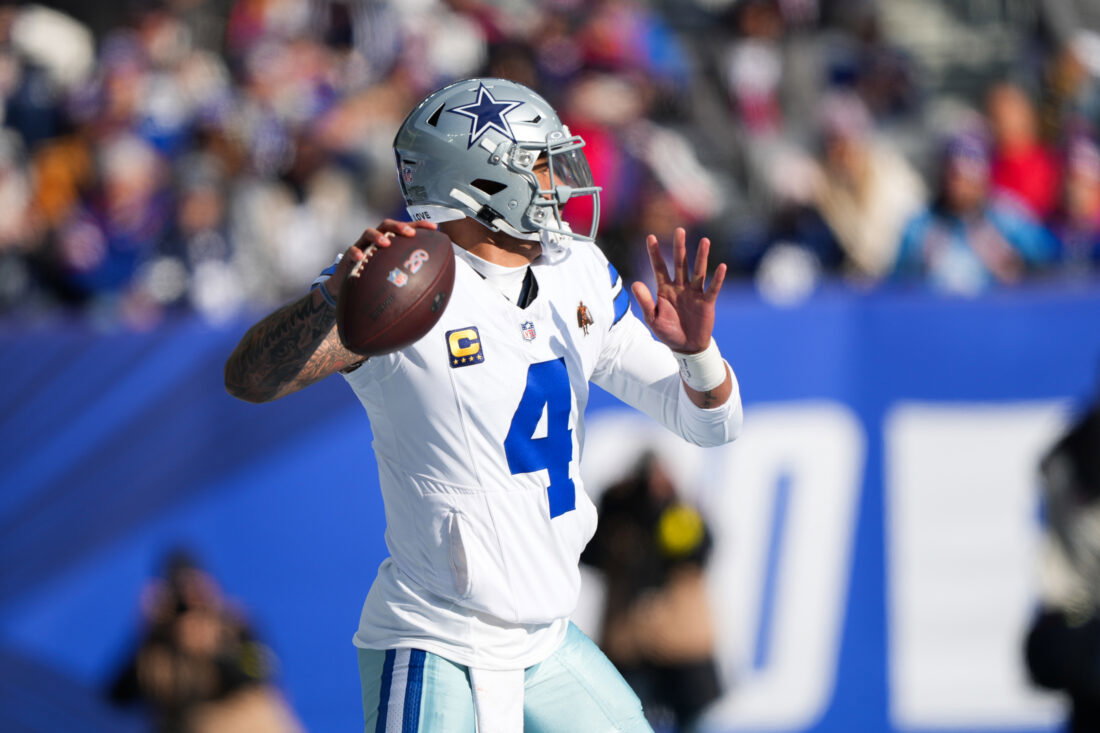 Jan 4, 2026; East Rutherford, New Jersey, USA; Dallas Cowboys quarterback Dak Prescott (4) looks to pass during the first quarter against the New York Giants at MetLife Stadium. Mandatory Credit: Robert Deutsch-Imagn Images