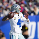 Jan 4, 2026; East Rutherford, New Jersey, USA; Dallas Cowboys quarterback Dak Prescott (4) looks to pass during the first quarter against the New York Giants at MetLife Stadium. Mandatory Credit: Robert Deutsch-Imagn Images