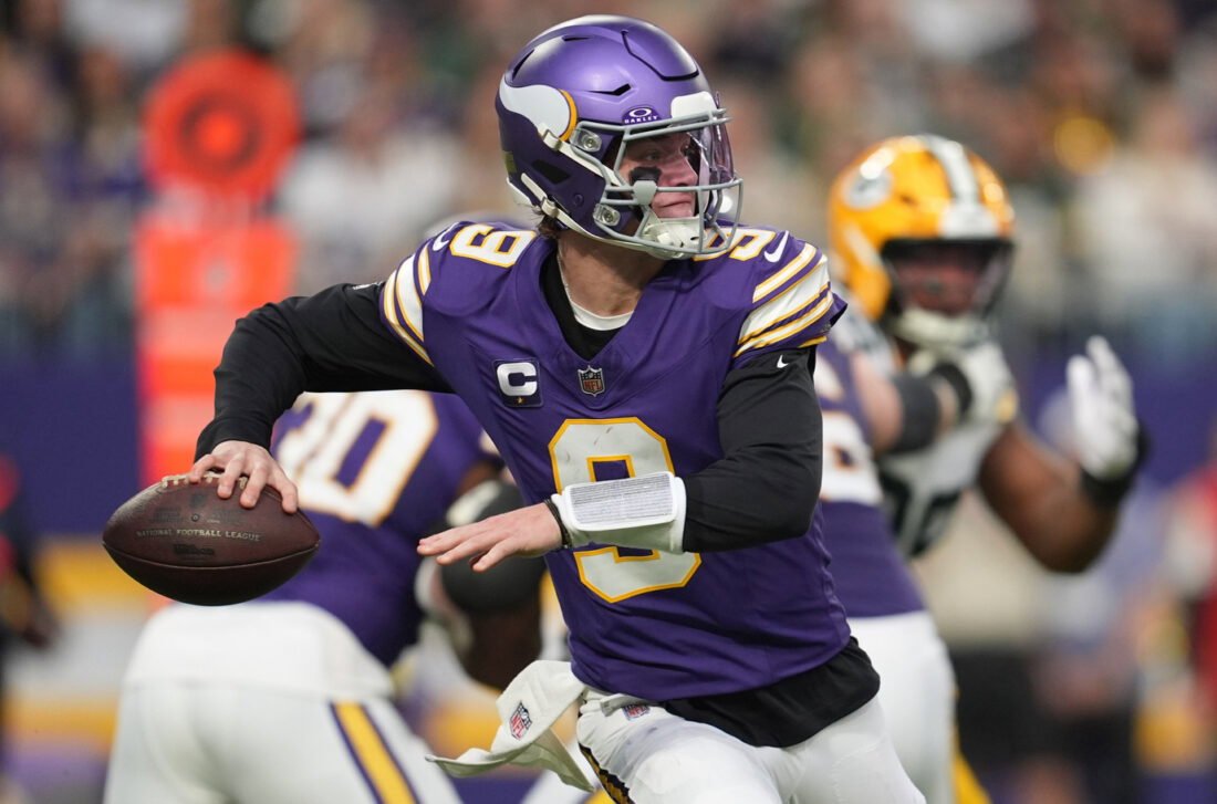 Jan 4, 2026; Minneapolis, Minnesota, USA; Minnesota Vikings quarterback J.J. McCarthy (9) throws a pass against the Green Bay Packers during the second quarter at U.S. Bank Stadium. Mandatory Credit: Matt Blewett-Imagn Images