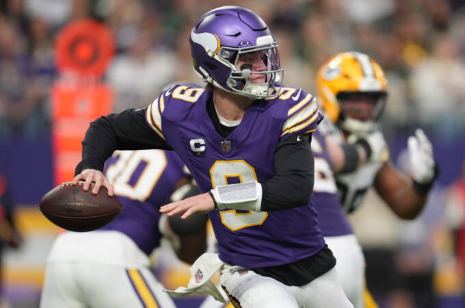 Jan 4, 2026; Minneapolis, Minnesota, USA; Minnesota Vikings quarterback J.J. McCarthy (9) throws a pass against the Green Bay Packers during the second quarter at U.S. Bank Stadium. Mandatory Credit: Matt Blewett-Imagn Images