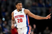 Jan 7, 2026; Detroit, Michigan, USA; Detroit Pistons guard Chaz Lanier (20) reacts after making a three-point basket against the Chicago Bulls in the fourth quarter at Little Caesars Arena. Mandatory Credit: Lon Horwedel-Imagn Images