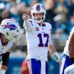 Buffalo Bills quarterback Josh Allen (17) calls a play during the first quarter of an NFL football AFC Wild Card playoff matchup, Sunday, Jan. 11, 2026, in Jacksonville, Fla. The Bills defeated the Jaguars 27-24. [Corey Perrine/Florida Times-Union]
