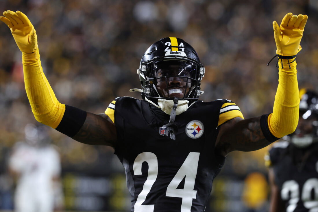 Jan 12, 2026; Pittsburgh, PA, USA; Pittsburgh Steelers cornerback Joey Porter Jr. (24) reacts after a play during the second half of an AFC Wild Card Round game against the Houston Texans at Acrisure Stadium. Mandatory Credit: Charles LeClaire-Imagn Images