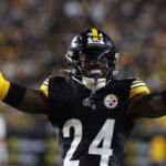 Jan 12, 2026; Pittsburgh, PA, USA; Pittsburgh Steelers cornerback Joey Porter Jr. (24) reacts after a play during the second half of an AFC Wild Card Round game against the Houston Texans at Acrisure Stadium. Mandatory Credit: Charles LeClaire-Imagn Images