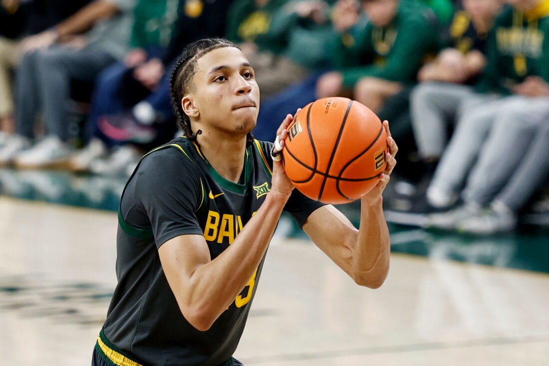 Feb 4, 2026; Waco, Texas, USA; Baylor Bears guard Cameron Carr (43) shoots a free throw against the Colorado Buffaloes during the second half at Paul and Alejandra Foster Pavilion. Mandatory Credit: Chris Jones-Imagn Images