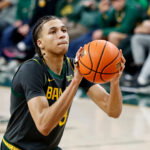 Feb 4, 2026; Waco, Texas, USA; Baylor Bears guard Cameron Carr (43) shoots a free throw against the Colorado Buffaloes during the second half at Paul and Alejandra Foster Pavilion. Mandatory Credit: Chris Jones-Imagn Images