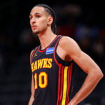 Feb 20, 2026; Atlanta, Georgia, USA; Atlanta Hawks forward Zaccharie Risacher (10) in action against the Miami Heat in the fourth quarter at State Farm Arena. Mandatory Credit: Brett Davis-Imagn Images
