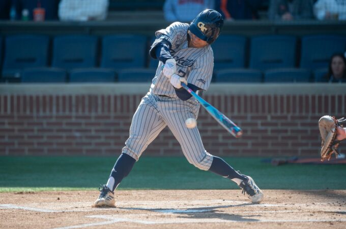 Georgia Tech Yellow Jackets’ Jarren Advincula (2) swings at the ball as Auburn Tigers take on Georgia Tech Yellow Jackets at Plainsman Park in Auburn, Ala. on Tuesday, March 17, 2026.