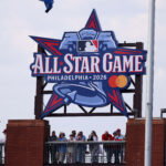 Mar 26, 2026; Philadelphia, Pennsylvania, USA; Fans stand under a 2026 All Star Game sign during a game between the Philadelphia Phillies and the Texas Rangers at Citizens Bank Park. Mandatory Credit: Bill Streicher-Imagn Images