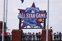 Mar 26, 2026; Philadelphia, Pennsylvania, USA; Fans stand under a 2026 All Star Game sign during a game between the Philadelphia Phillies and the Texas Rangers at Citizens Bank Park. Mandatory Credit: Bill Streicher-Imagn Images