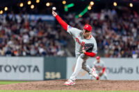 Apr 6, 2026; San Francisco, California, USA; Philadelphia Phillies pitcher Brad Keller (40) throws a pitch during the eighth inning against the San Francisco Giants at Oracle Park. Mandatory Credit: Bob Kupbens-Imagn Images