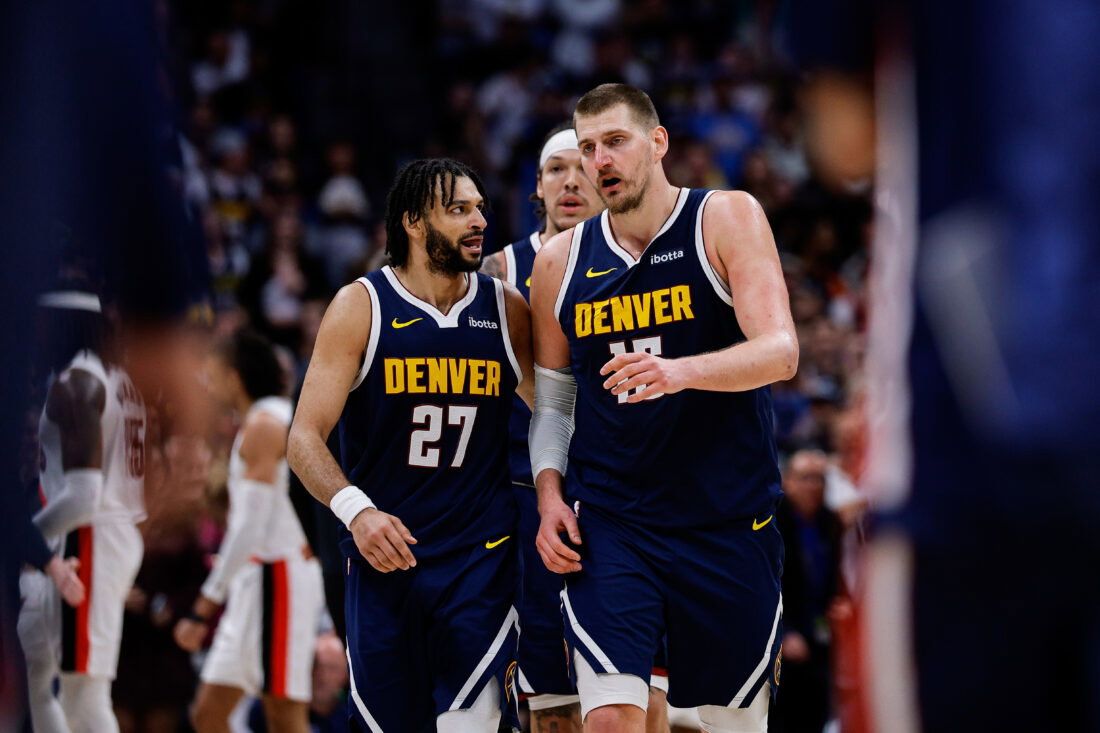Apr 6, 2026; Denver, Colorado, USA; Denver Nuggets guard Jamal Murray (27) and center Nikola Jokic (15) in the fourth quarter against the Portland Trail Blazers at Ball Arena. Mandatory Credit: Isaiah J. Downing-Imagn Images