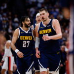 Apr 6, 2026; Denver, Colorado, USA; Denver Nuggets guard Jamal Murray (27) and center Nikola Jokic (15) in the fourth quarter against the Portland Trail Blazers at Ball Arena. Mandatory Credit: Isaiah J. Downing-Imagn Images