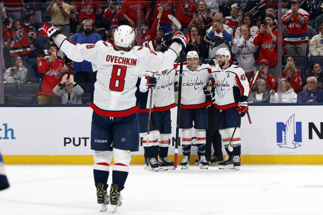 Apr 14, 2026; Columbus, Ohio, USA; Washington Capitals defenseman Jakob Chychrun (6) celebrates his goal against the Columbus Blue Jackets during the third period at Nationwide Arena. Mandatory Credit: Russell LaBounty-Imagn Images