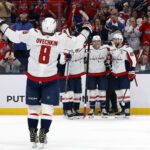 Apr 14, 2026; Columbus, Ohio, USA; Washington Capitals defenseman Jakob Chychrun (6) celebrates his goal against the Columbus Blue Jackets during the third period at Nationwide Arena. Mandatory Credit: Russell LaBounty-Imagn Images