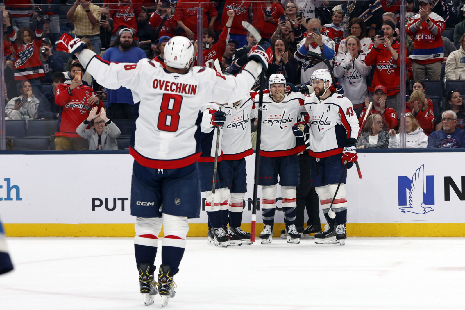 Apr 14, 2026; Columbus, Ohio, USA; Washington Capitals defenseman Jakob Chychrun (6) celebrates his goal against the Columbus Blue Jackets during the third period at Nationwide Arena. Mandatory Credit: Russell LaBounty-Imagn Images