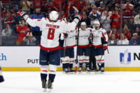 Apr 14, 2026; Columbus, Ohio, USA; Washington Capitals defenseman Jakob Chychrun (6) celebrates his goal against the Columbus Blue Jackets during the third period at Nationwide Arena. Mandatory Credit: Russell LaBounty-Imagn Images