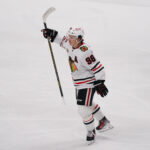 Apr 6, 2026; San Jose, California, USA; Chicago Blackhawks center Connor Bedard (98) celebrates after a goal is scored against the San Jose Sharks in the third period at SAP Center at San Jose. Mandatory Credit: David Gonzales-Imagn Images