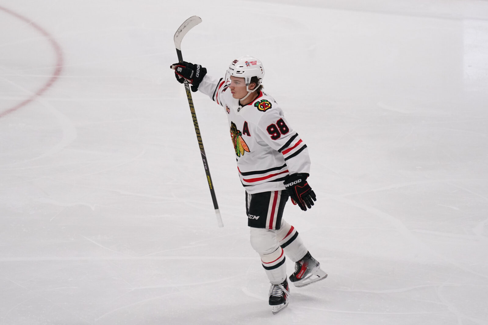Apr 6, 2026; San Jose, California, USA; Chicago Blackhawks center Connor Bedard (98) celebrates after a goal is scored against the San Jose Sharks in the third period at SAP Center at San Jose. Mandatory Credit: David Gonzales-Imagn Images