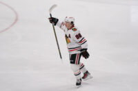 Apr 6, 2026; San Jose, California, USA; Chicago Blackhawks center Connor Bedard (98) celebrates after a goal is scored against the San Jose Sharks in the third period at SAP Center at San Jose. Mandatory Credit: David Gonzales-Imagn Images