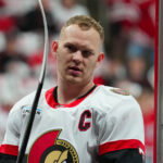 Apr 20, 2026; Raleigh, North Carolina, USA; Ottawa Senators left wing Brady Tkachuk (7) comes off the ice after the warmups before the game against the Carolina Hurricanes in game two of the first round of the 2026 Stanley Cup Playoffs at Lenovo Center. Mandatory Credit: James Guillory-Imagn Images