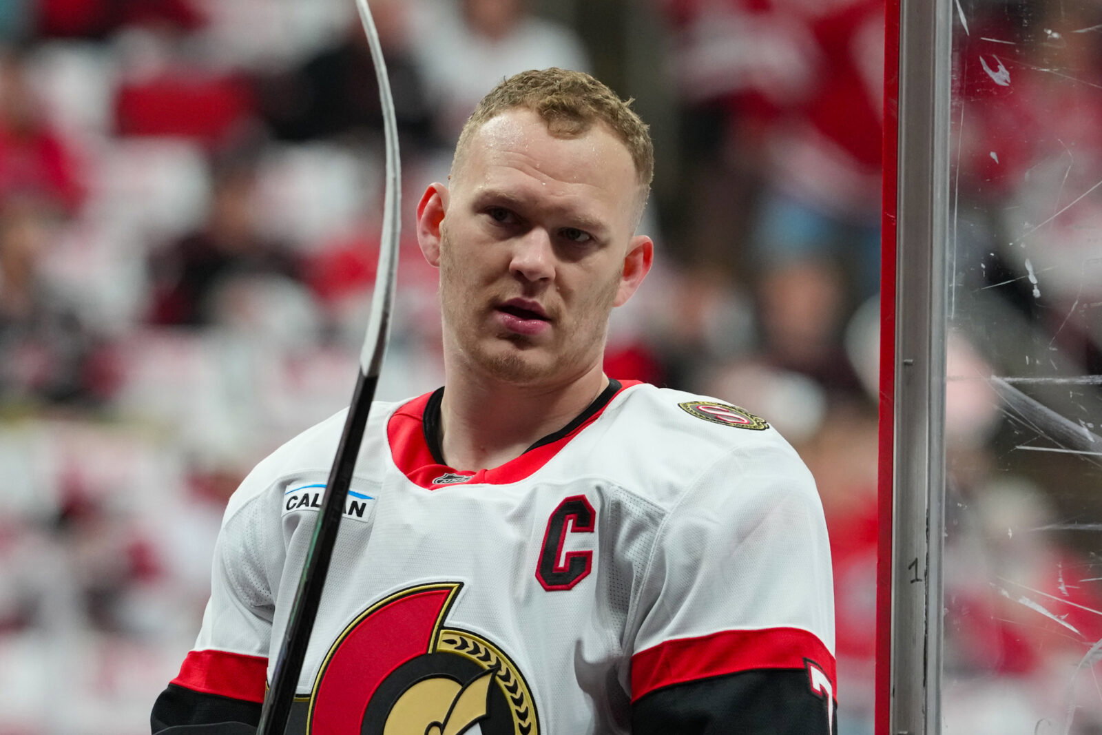Apr 20, 2026; Raleigh, North Carolina, USA; Ottawa Senators left wing Brady Tkachuk (7) comes off the ice after the warmups before the game against the Carolina Hurricanes in game two of the first round of the 2026 Stanley Cup Playoffs at Lenovo Center. Mandatory Credit: James Guillory-Imagn Images