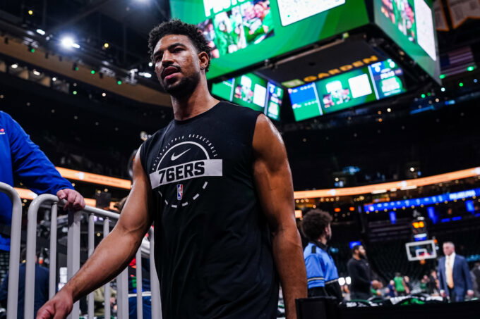Apr 28, 2026; Boston, Massachusetts, USA; Philadelphia 76ers guard Quentin Grimes (5) comes off the court after warming up before the start of the game against the Boston Celtics during game five of the first round of the 2026 NBA Playoffs at TD Garden. Mandatory Credit: David Butler II-Imagn Images