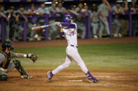 Apr 28, 2026; Baton Rouge, LA, USA; Louisiana State Tigers outfielder Derek Curiel (6) bats against the Southeastern Louisiana Lions at Alex Box Stadium. Mandatory Credit: Matthew Hinton-Imagn Images
