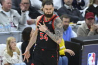 Apr 29, 2026; Cleveland, Ohio, USA; Toronto Raptors forward Sandro Mamukelashvili (54) celebrates his three-point basket against the Cleveland Cavaliers in the third quarter of game five of the first round of the 2026 NBA Playoffs at Rocket Arena. Mandatory Credit: David Richard-Imagn Images