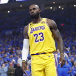 May 5, 2026; Oklahoma City, Oklahoma, USA; Los Angeles Lakers forward LeBron James (23) looks towards his bench after a play against the Oklahoma City Thunder in the first half during game one of the second round of the 2026 NBA Playoffs at Paycom Center. Mandatory Credit: Alonzo Adams-Imagn Images