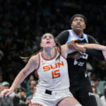 May 8, 2026; Brooklyn, New York, USA; Connecticut Sun center Raegan Beers (15) boxes out New York Liberty center Jonquel Jones (35) during the first half at Barclays Center. Mandatory Credit: John Jones-Imagn Images