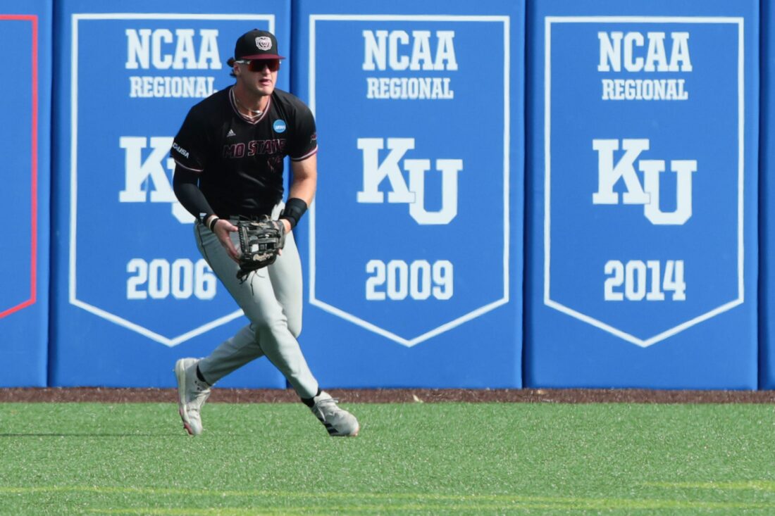Missouri State junior outfielder Caden Bogenpohl (16) scoops up the ball after an Arkansas hit during the NCAA First Round of the Lawrence Regional at Hoglund Ballpark on May 29, 2026.