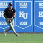 Missouri State junior outfielder Caden Bogenpohl (16) scoops up the ball after an Arkansas hit during the NCAA First Round of the Lawrence Regional at Hoglund Ballpark on May 29, 2026.