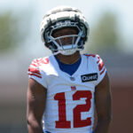 Jun 3, 2026; East Rutherford, NJ, USA; New York Giants cornerback Colton Hood (12) participates in drills during organized team activities at Quest Diagnostics Training Center. Mandatory Credit: Vincent Carchietta-Imagn Images