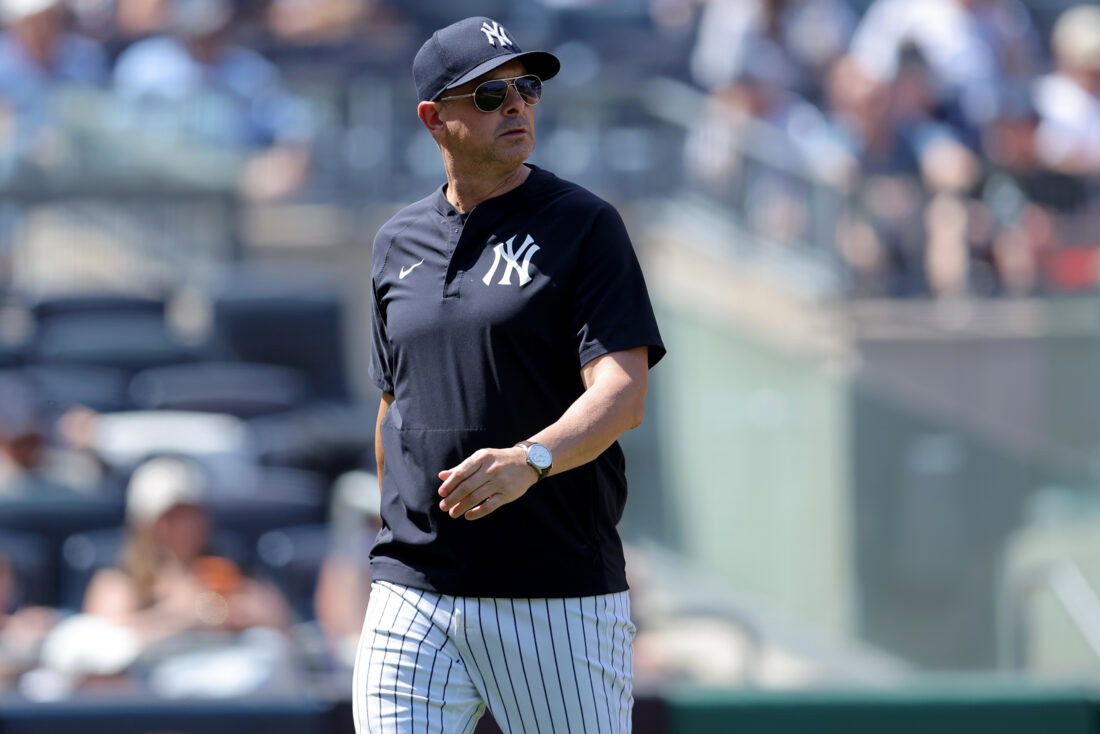 Jun 4, 2026; Bronx, New York, USA; New York Yankees manager Aaron Boone (17) walks back to the dugout after a conversation with third base umpire Laz Diaz (not pictured) between the top and bottom of the fifth inning against the Cleveland Guardians at Yankee Stadium. Mandatory Credit: Brad Penner-Imagn Images