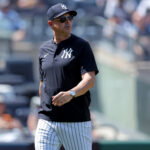 Jun 4, 2026; Bronx, New York, USA; New York Yankees manager Aaron Boone (17) walks back to the dugout after a conversation with third base umpire Laz Diaz (not pictured) between the top and bottom of the fifth inning against the Cleveland Guardians at Yankee Stadium. Mandatory Credit: Brad Penner-Imagn Images