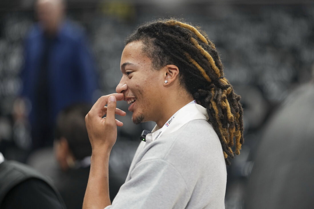 Jun 5, 2026; San Antonio, Texas, USA; Houston Cougars player Kingston Flemings before the game between the San Antonio Spurs and the New York Knicks in game two of the 2026 NBA Finals at Frost Bank Center. Mandatory Credit: Scott Wachter-Imagn Images