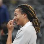 Jun 5, 2026; San Antonio, Texas, USA; Houston Cougars player Kingston Flemings before the game between the San Antonio Spurs and the New York Knicks in game two of the 2026 NBA Finals at Frost Bank Center. Mandatory Credit: Scott Wachter-Imagn Images
