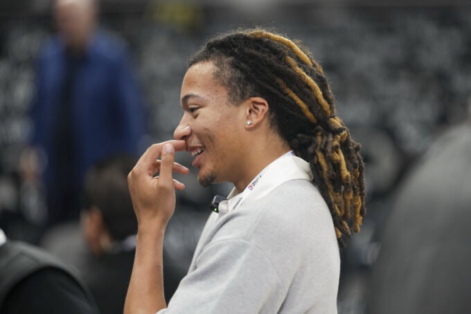 Jun 5, 2026; San Antonio, Texas, USA; Houston Cougars player Kingston Flemings before the game between the San Antonio Spurs and the New York Knicks in game two of the 2026 NBA Finals at Frost Bank Center. Mandatory Credit: Scott Wachter-Imagn Images