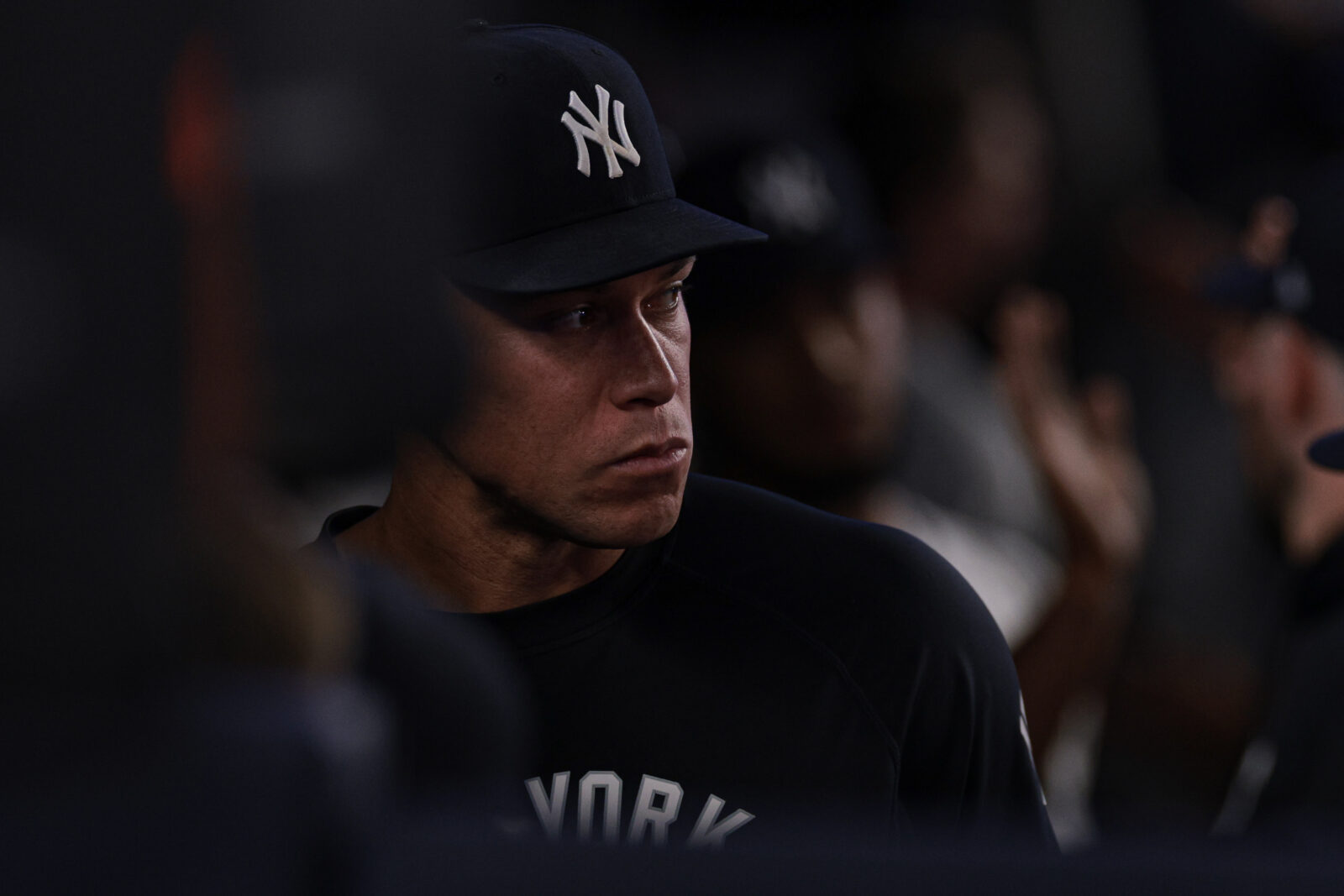 Jun 5, 2026; Bronx, New York, USA; New York Yankees right fielder Aaron Judge (99) looks out from the dugout during the eighth inning against the Boston Red Sox at Yankee Stadium. Mandatory Credit: Vincent Carchietta-Imagn Images