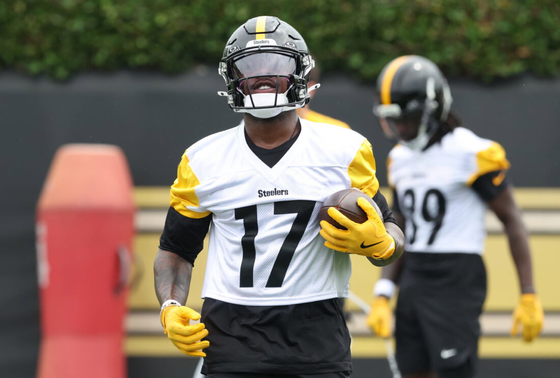 Jun 9, 2026; Pittsburgh, PA, USA; Pittsburgh Steelers wide receiver Germie Bernard (17) participates in drills during Minicamp at UPMC Rooney Sports Complex. Mandatory Credit: Charles LeClaire-Imagn Images